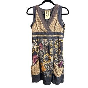 Remanika Nine Boho Patchwork Dress Pockets Empire Waist Sleeveless Size 8